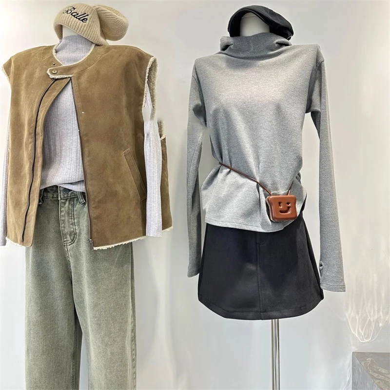 ผู้หญิงกํามะหยี่เยอรมันHooded Sweatshirtสีเทาสองด้านคอยาวแขนยาวฤดูใบไม้ร่วงฤดูหนาวสบายๆStreetwear Top