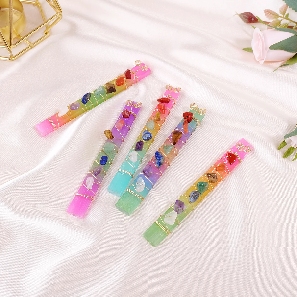 1pc Natural Crystal 7 Chakra Aura Colored Selenite Stick with Wire Wrap for Yoga Meditation, Spirituality, Reiki Balancing