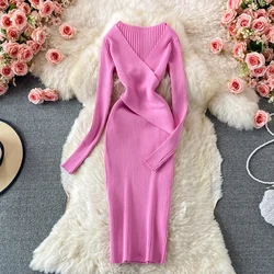 Women Chic Elegant Long Sleeve Bodycon Dress Sexy French Fashion Knit Wrap Vestidos Elastic Slim Pencil Sweater Dress