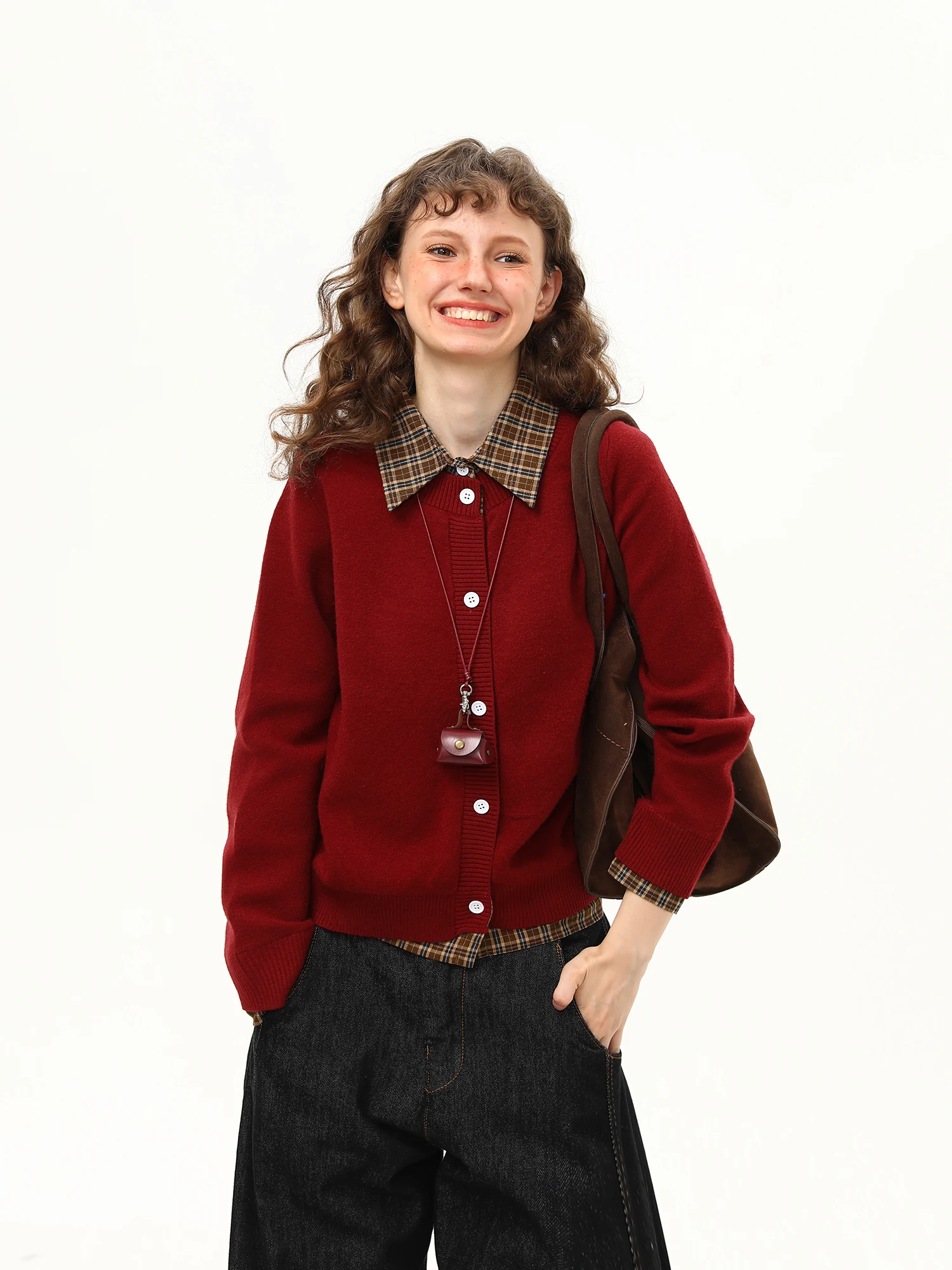 

Wild Early Autumn Red Knit Sweater Women's ort Collar Plaid Vintage Sle Single Button Long Sve Warm Streetwear