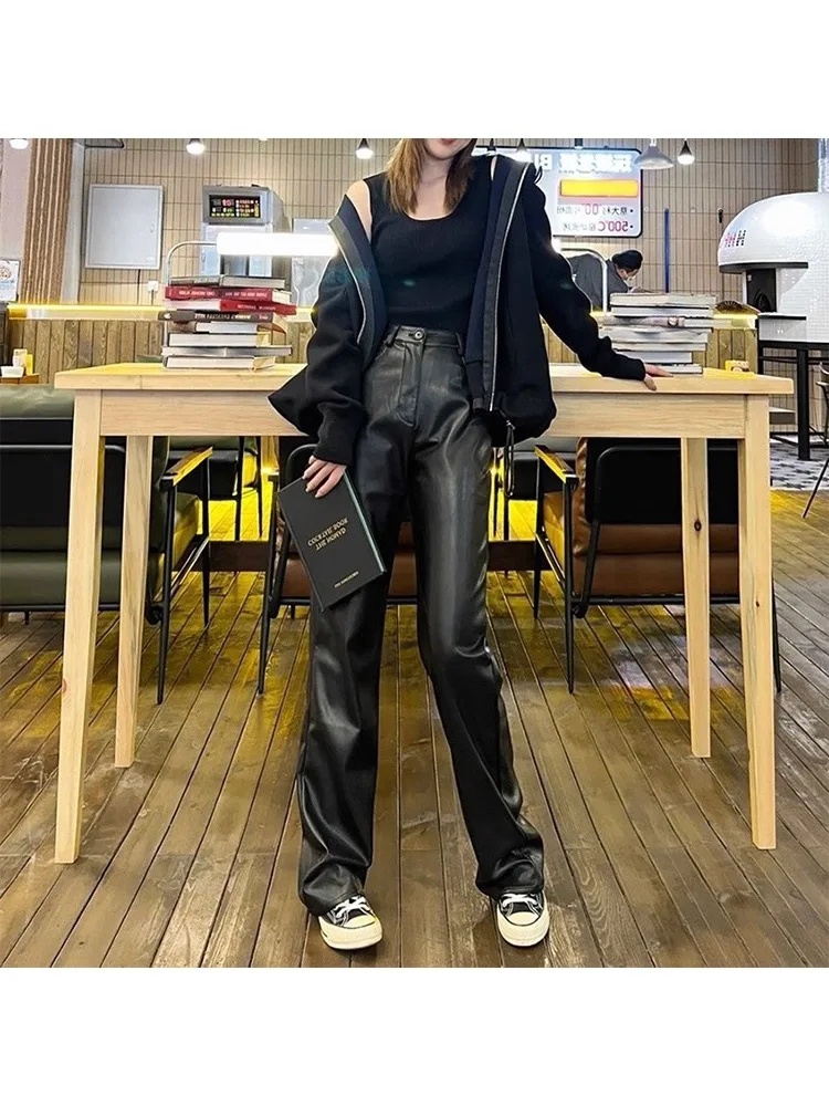 

High Waist Straight Leg Genuine Leather Pants Women's Wide Leg Drapey Casual Small Size Floor Length Trousers