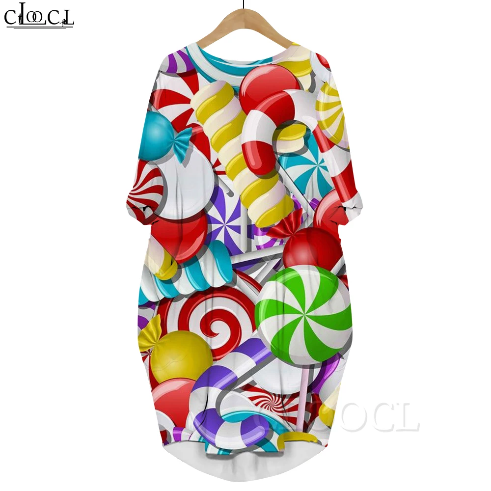 CLOOCL Harajuku Pocket Dress Infância Memória Doces Gráficos 3D Impresso Macio Confortável Manga Longa Vestido Feminino Vestidos de Rua