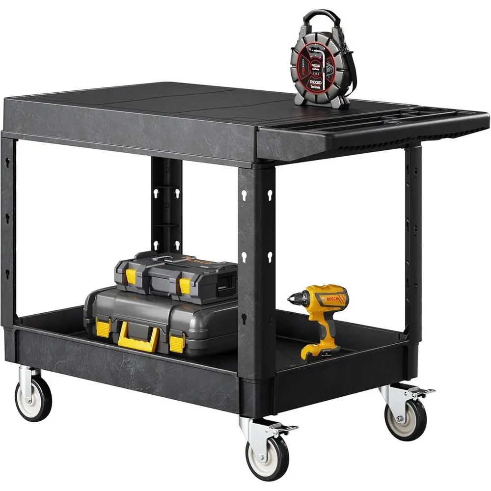 

Универсальная тележка, грузоподъемность 550 фунтов, сервисная тележка 37 x 25,4 дюйма, двухъярусная усиленная пластиковая тележка с поворотом на 360 градусов ° Поворотные колеса