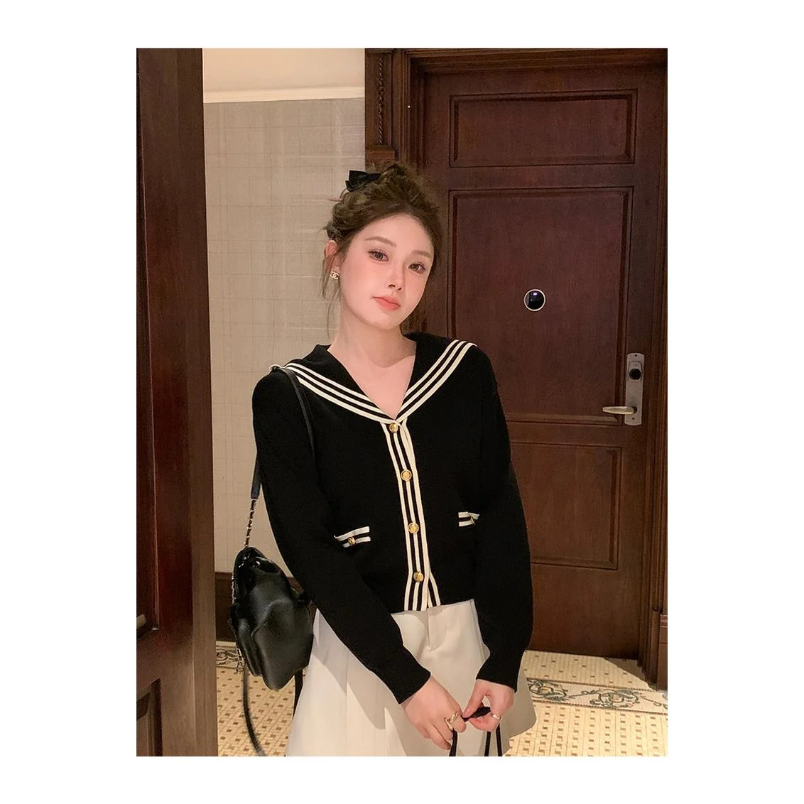 

Miu Sle College Vibes Navy Collar Knitted Open Cardigan Women's Anti-Aging Design Stripe Top ort Outerwear Spring