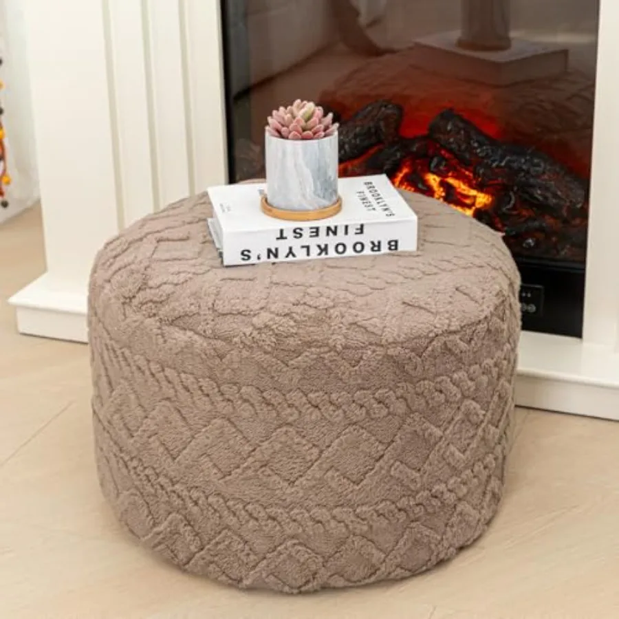 

Living Room Bedroom Round Ottoman Pouf Chair, 20x12 Inch Foam-Filled Floor Pouf, Modern Beige Fabric, Soft Supportive Seating F