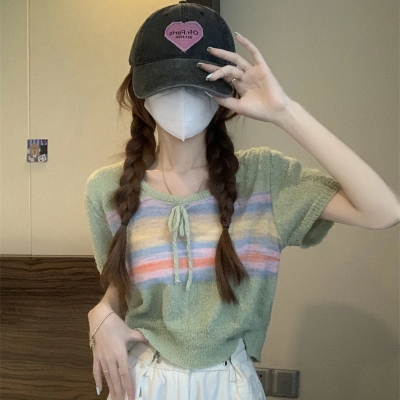 Rainbow Striped T-shirts Women Sweet Bow Summer Thin Short Sleeve O-neck Loose Tops Korean Style Versatile Casual Blouse Female