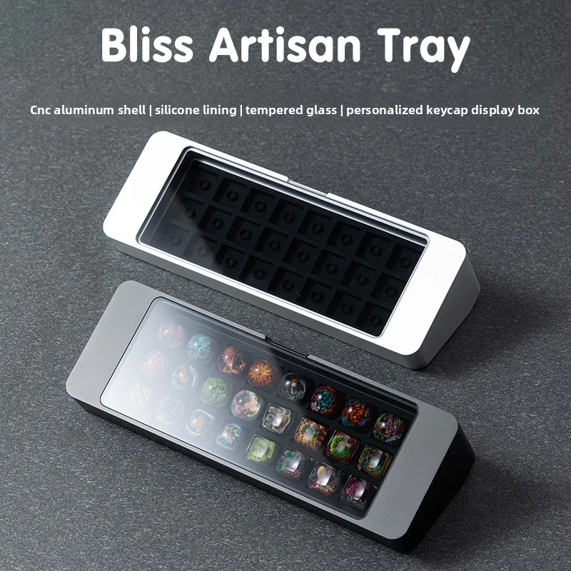 Custom Bliss Style Keycap Display Box Aluminum Base Tempered Glass Lid Silicone Tray 24 Slots MX Topre Third Party