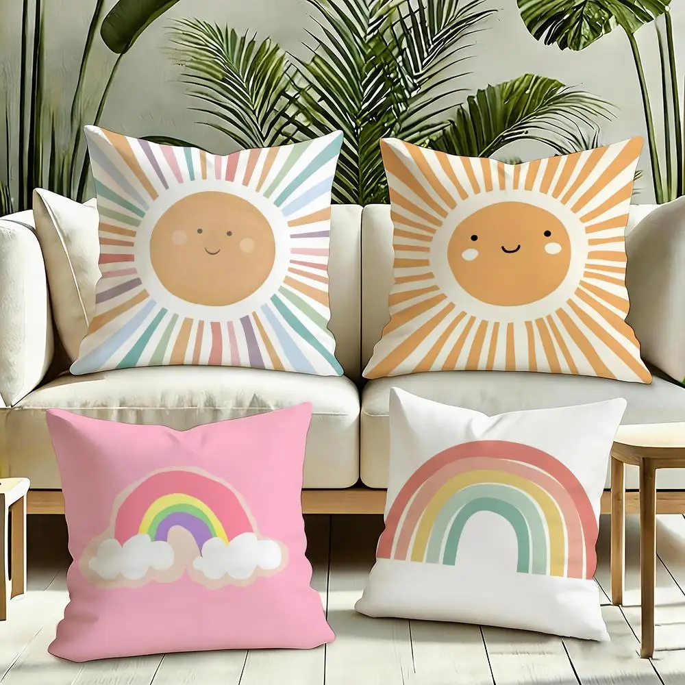 Cartoon rainbow sun Cushion Cover Reversible Plush Pillow Cover Soft Fluffy  Home Decor for Sofa Bedroom