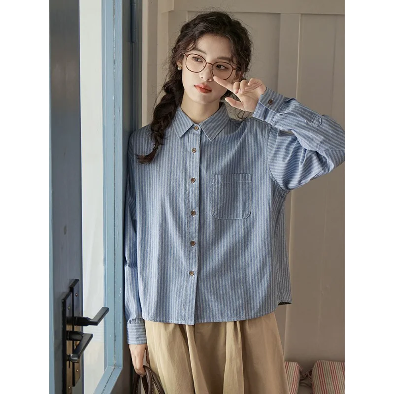Blue Striped Shirt Women's Long Sleeve Autumn 2025 New Korean Style Atmosphere Wear French Retro Top