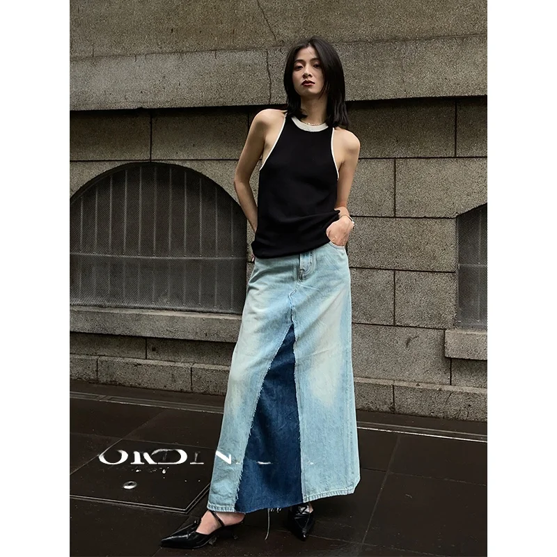 

OrdinaryTimes Patchwork Design Denim Skirt Casual Cotton A-Line Skirt mid Waist Design for Ladies Spring Season