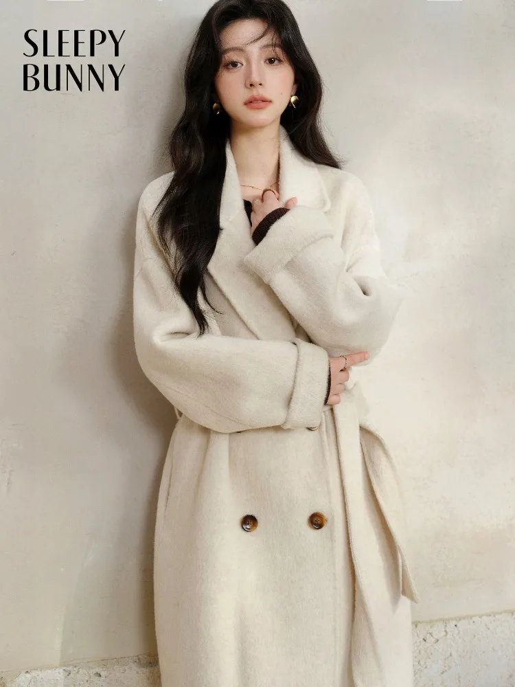 Elegant Long Wool Overcoat Women Warm Camel-Feel Double-Faced Coat Soft Lapel Winter Outerwear with Sleek Timeless Silhouette