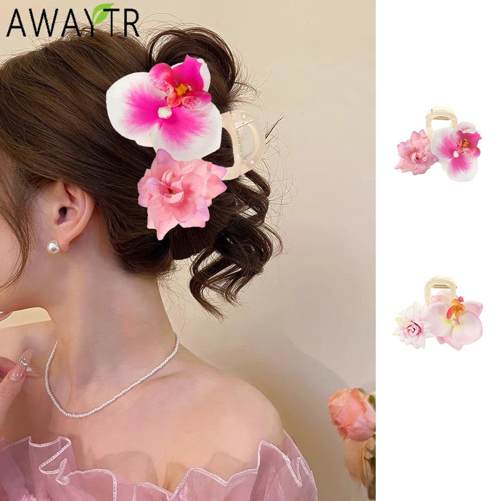 AWAYTR Pink Phalaenopsis Hair Claws Plastic Ponytail Hair Clips Crab For Women Girl Gift Hair Accessories Valentine Headwear