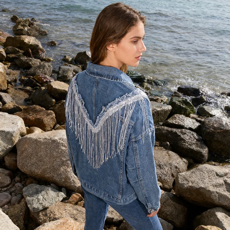 

Street Style Motorcycle Fashion Autumn New Fashion Turn-Down Collar Back Tassel Design Loose Women