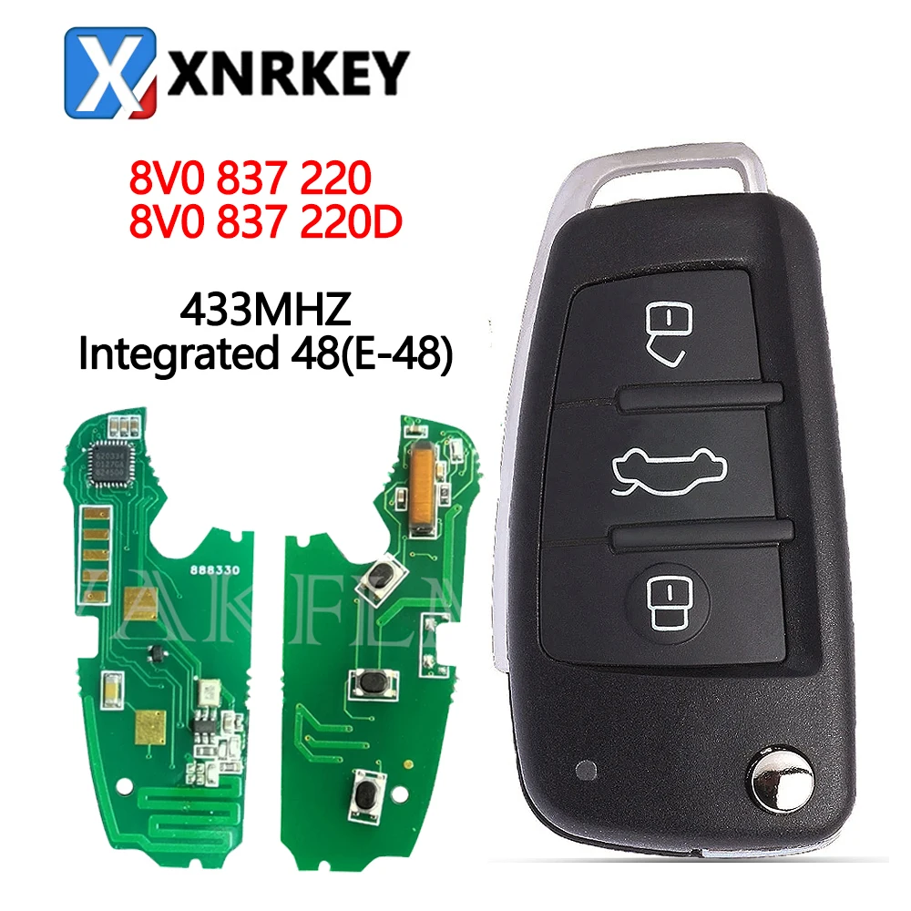 

XNRKEY 3 Button Smart Remote Car Key Integrated ID48 Chip 433Mhz for Audi A1 A3 S3 Q3 2012-2019 FCC: 8V0837220 8V0837220D