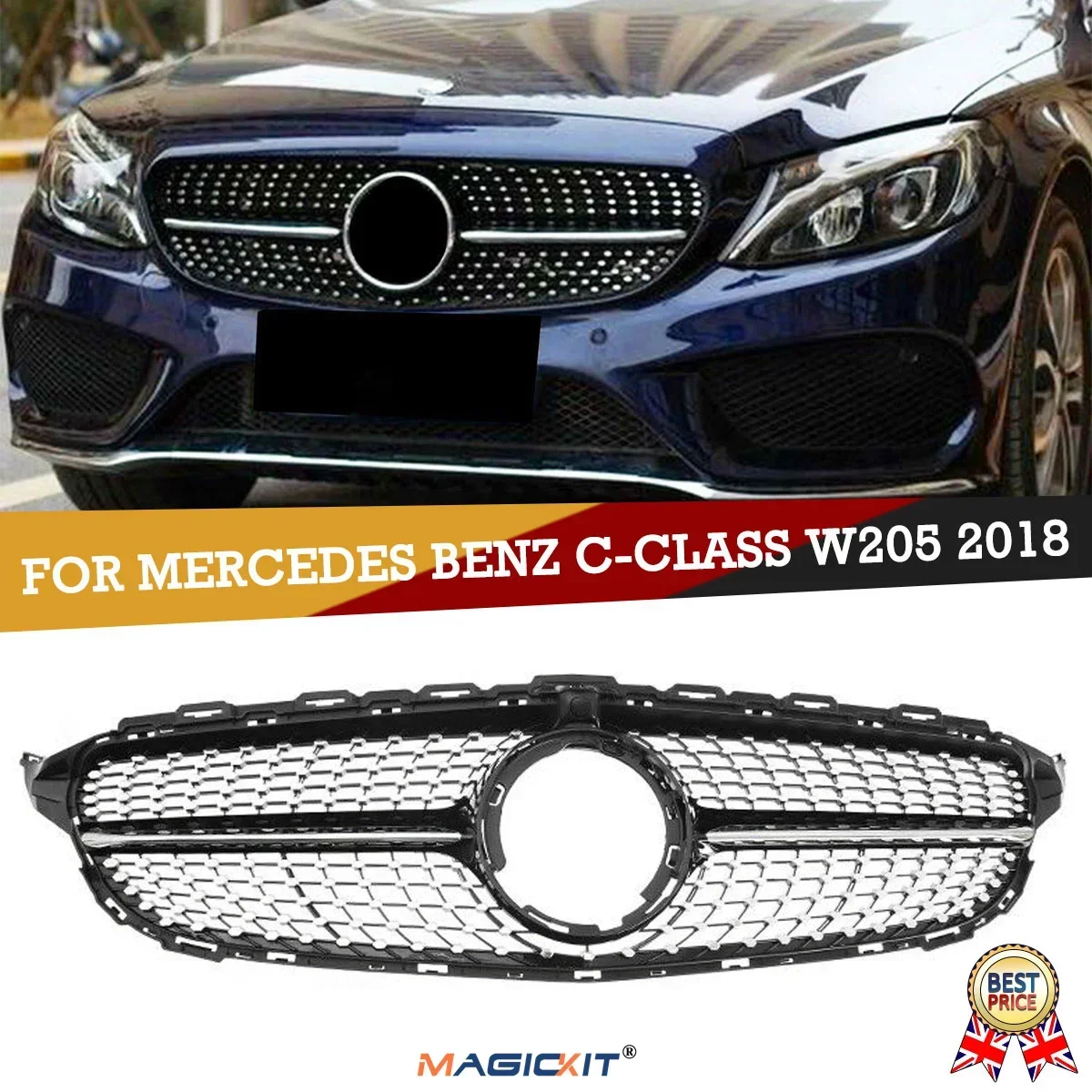 

MagicKit для Mercedes Benz W205 C200 C300 с отверстием для камеры 2019 + Алмазная решетка AMG стиль гриль глянцевый черный