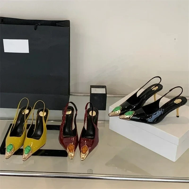 

Women's Pointed Toe Patent Leather Metal Gem Decor Slingback Thin Heel Pumps Elegant Party Footwear Drop Shipping 2026 Free Gift