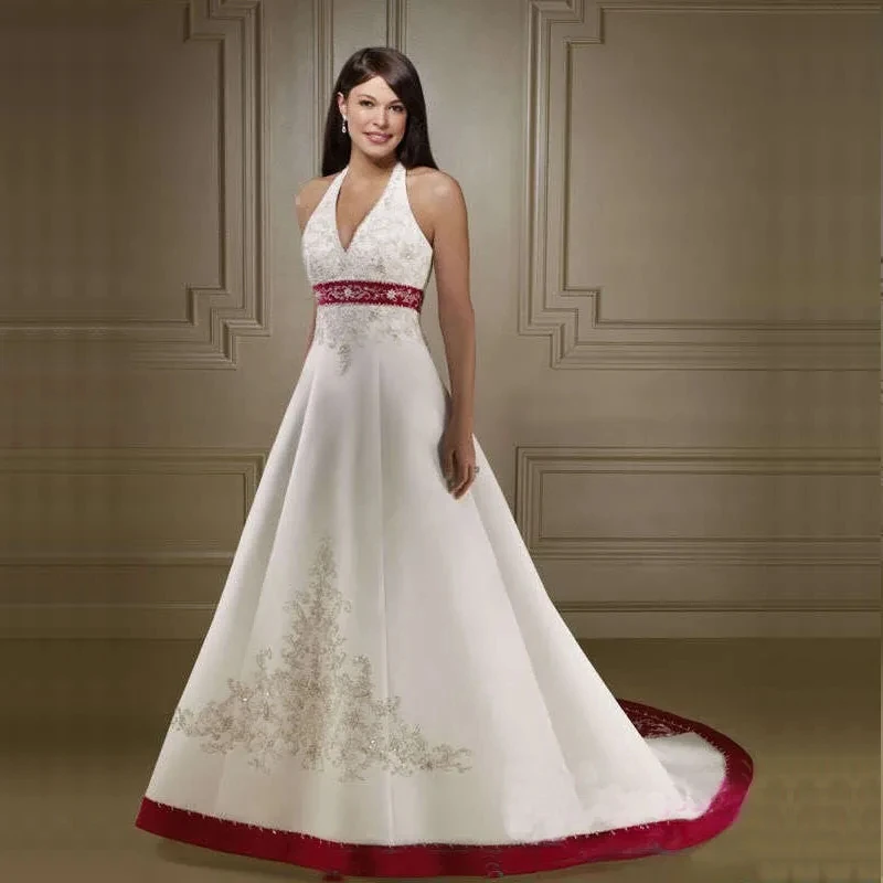 

Burgundy And White Embroidery Wedding Dress Halter Neck beaded Court Train Lace Up Bridal Gowns Customized