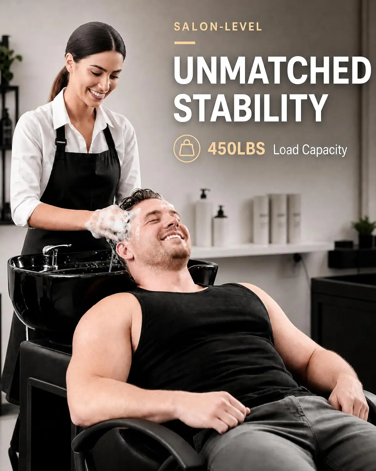 Salon Shampoo Chair Set Backwash Sink 7.87 Inch ABS Basin Neck Rest PU Leather 450lbs Capacity Side Storage Barbershop Spa Home