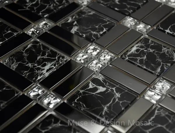 

Металлическая черно-белая стеклянная мозаичная плитка в европейском стиле, для кухни, фартука, камина, ванной комнаты, сделай сам, домашний декор, настенная плитка, MD-001