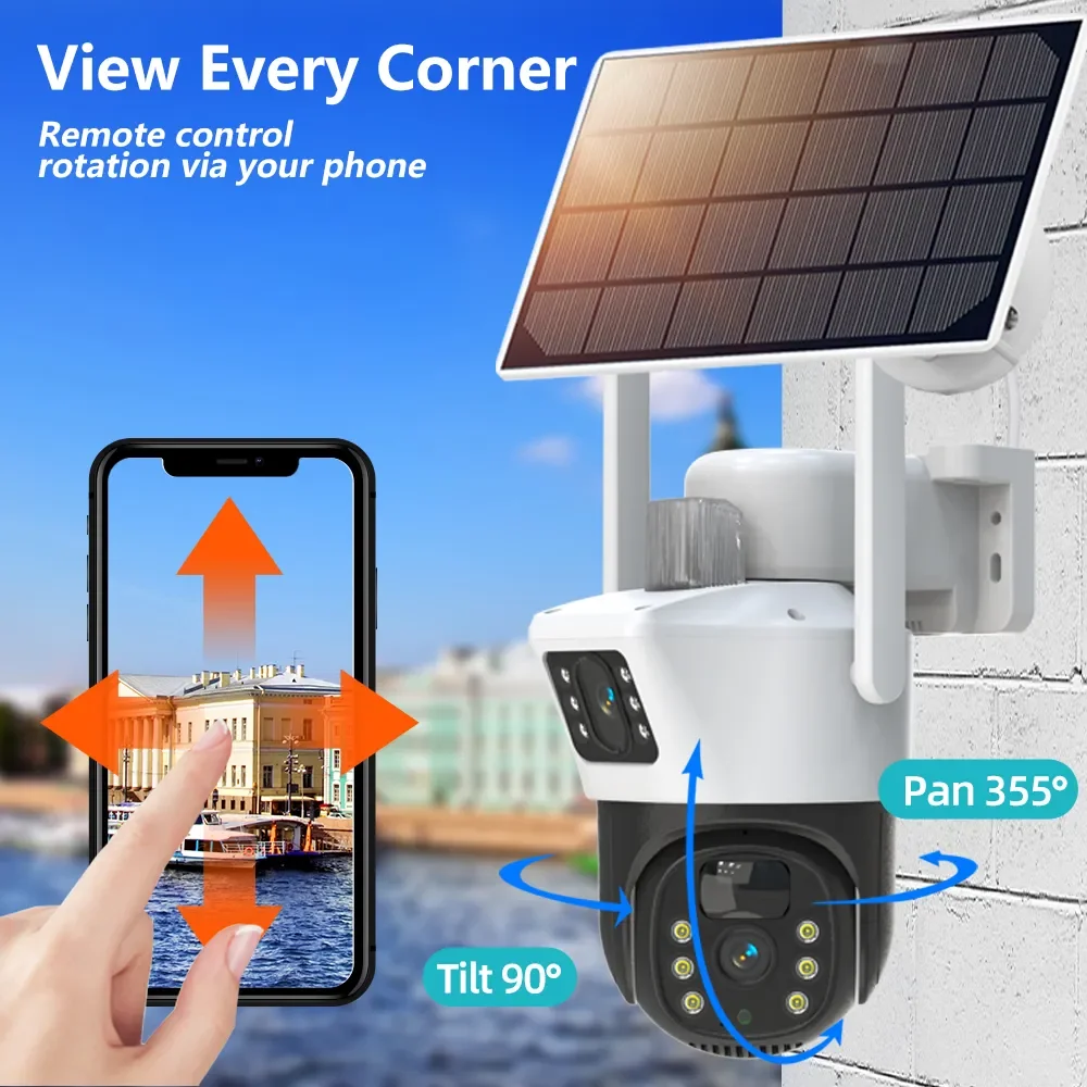 4K 4G SIM Card Dual Lens Solar Cameras 8MP Wireless Surveillance PTZ Battery Camera Color Night Vision PIR Detection 2Audio V380