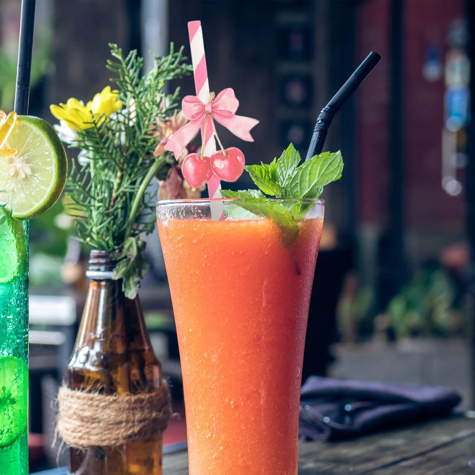 

50Pcs Cherry Paper Straws Disposable Drinking Straws Party Paper Straw Set Red Striped Birthday Valentine Events