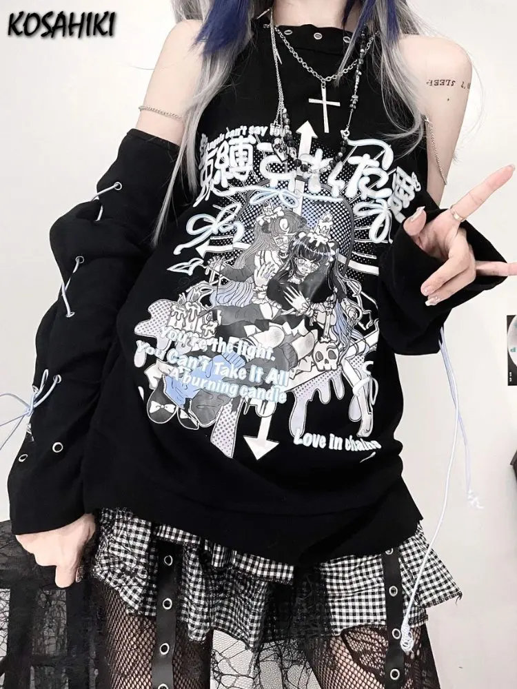 Y2k Aesthetic T-shirt Women Gothic Off Shoulder Long Sleeve Cartoon Print Graphic T Shirts Japanese Harajuku Grunge Tee