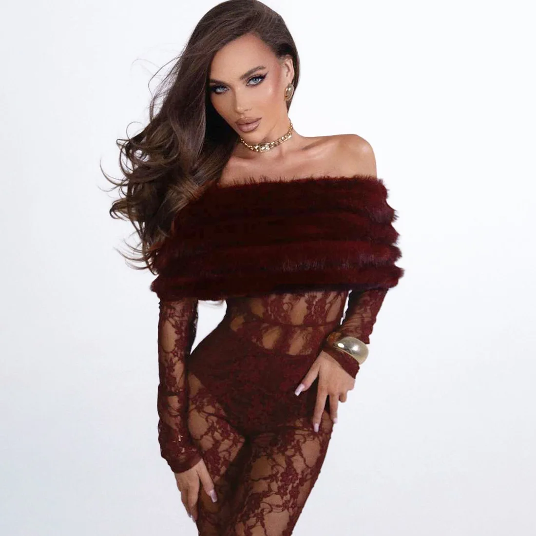 Faux Fur Patchwork See Through Mesh Lace Jumpsuits Women Elegant Sexy Slash Neck Off Shoulder Long Sleeve Club Party Overalls