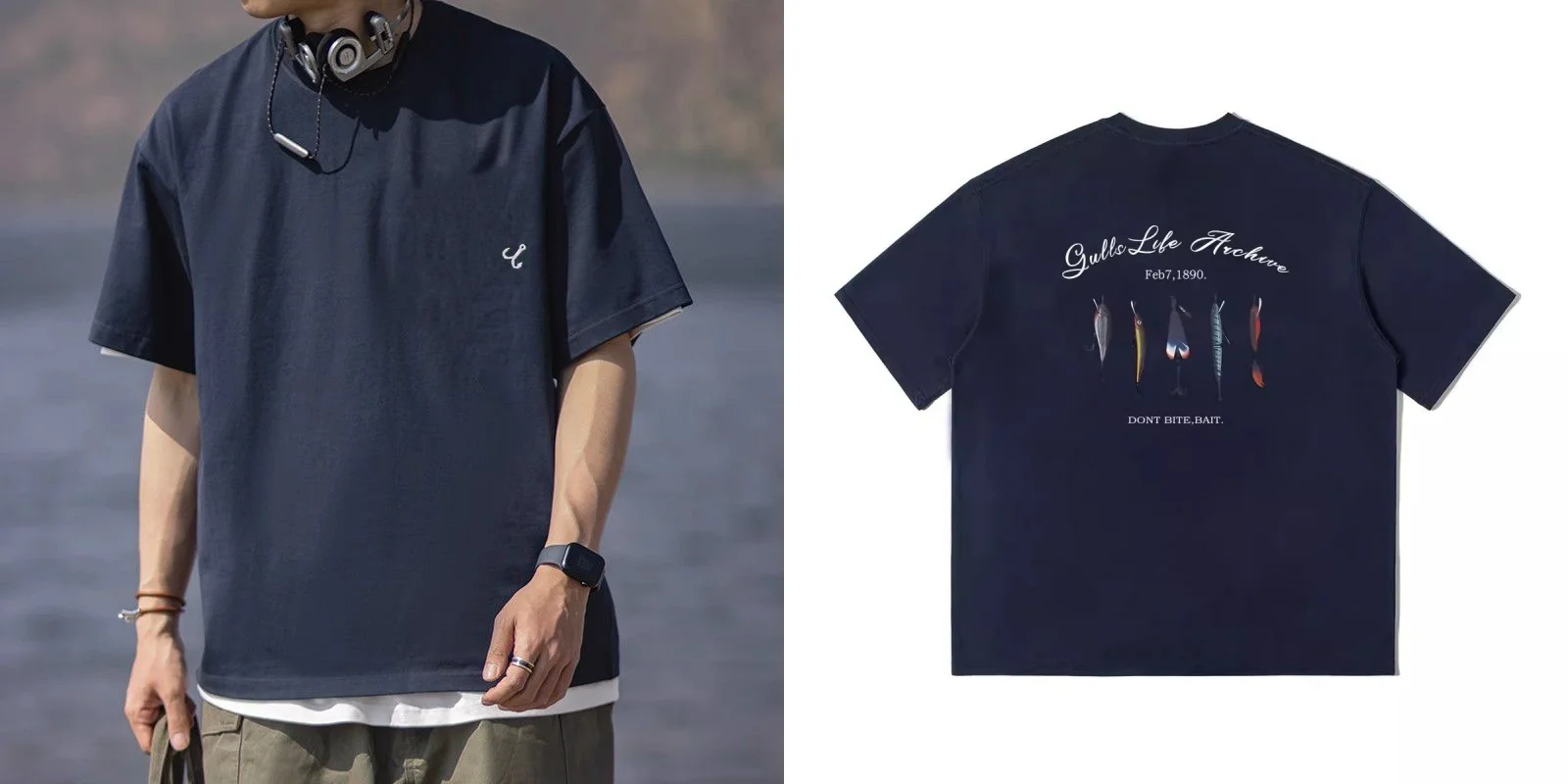 

The New American Summer Pure Cotton Off-the-shoulder Short-sleeved T-shirt Features A Loose Japanese Fishing Print