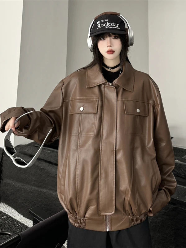 

Retro Sle Men's Casual PU Leather Jaet ort Loose Fit Autumn Winter Outerwear Youth Faion Zipper Closure ort Coat