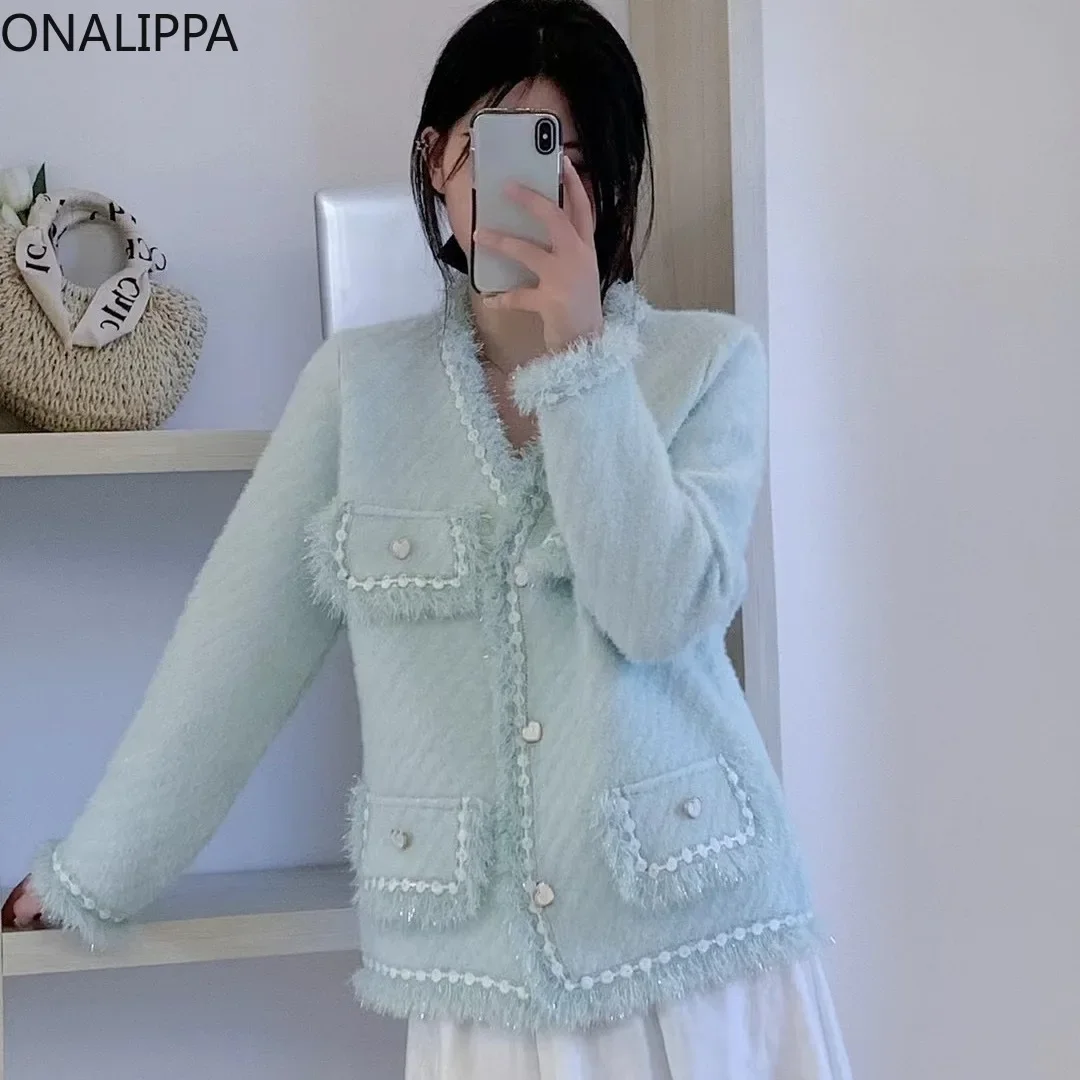 Onalippa Small Fragrance Tassel Knitted Cardigan Heart Shape Buttons Sweet Loose Cardigans Chic Design Long Sleeves Sweater