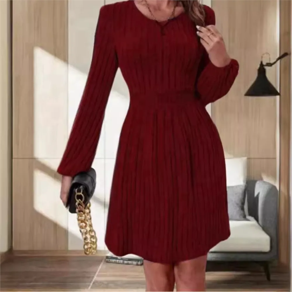 Autumn  Winter New Knitted O Neck Lantern Long Sleeve Women\'s Dresses Fashion Elastic Waist Elegant Female Office Knitted Dress