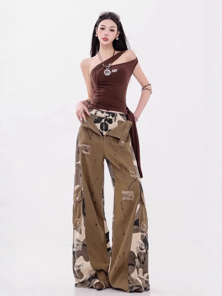 Celana Kerja Musim Panas Tipis Model Slim Fit Straight Leg Motif Kamuflase Amerika, Celana Lebar Gaya High Street, Celana Kasual Fashion Remaja