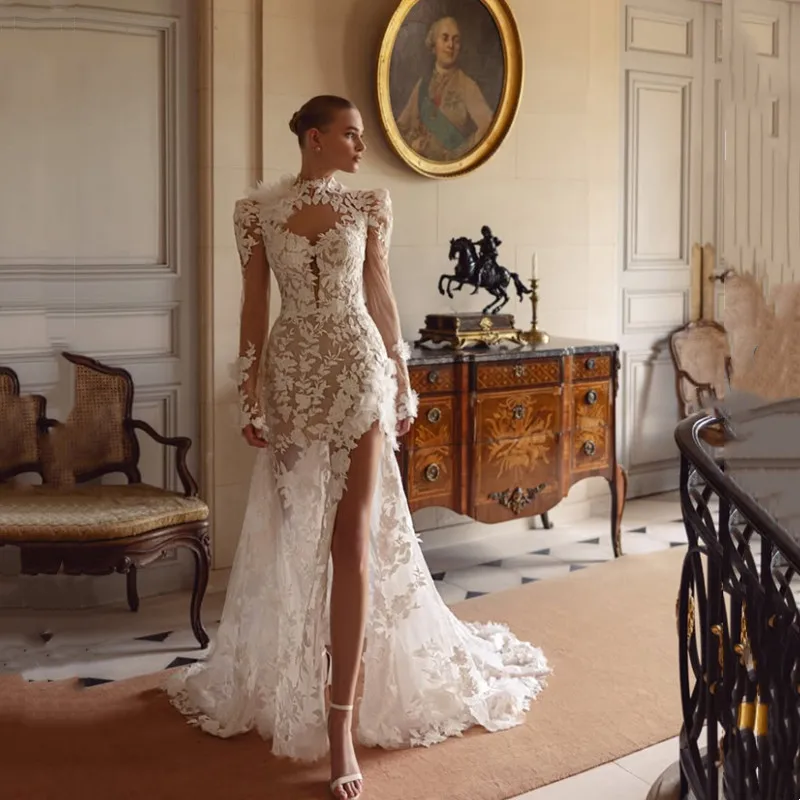 

Luxury Ivory Long Sleeves Mermaid Lace Appliques Wedding Dress Sexy High Neck Pleat High Side Slit Sweep Train Gowns Customized