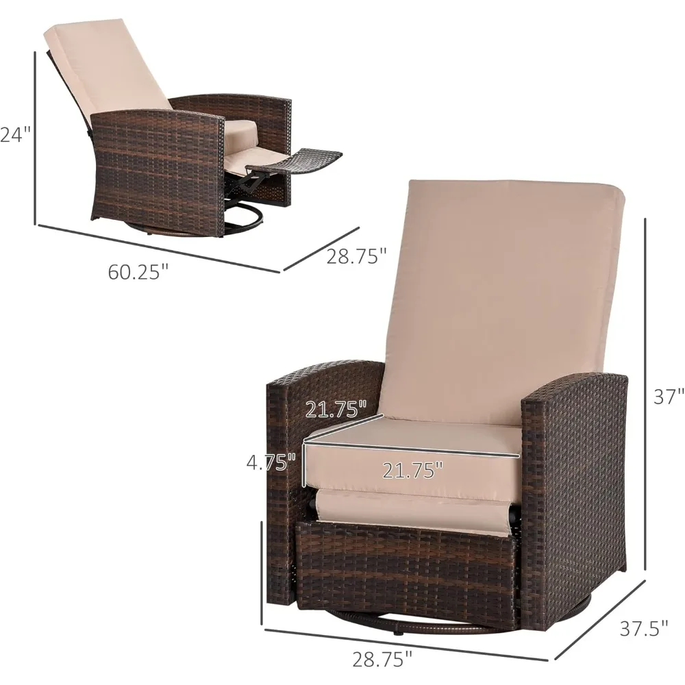 "كرسي دوار من الخيزران مناسب لجميع الأحوال الجوية مع مسند قدم مستلق ورفع للظهر، دوران 360 درجة، وسائد مقاومة للماء"