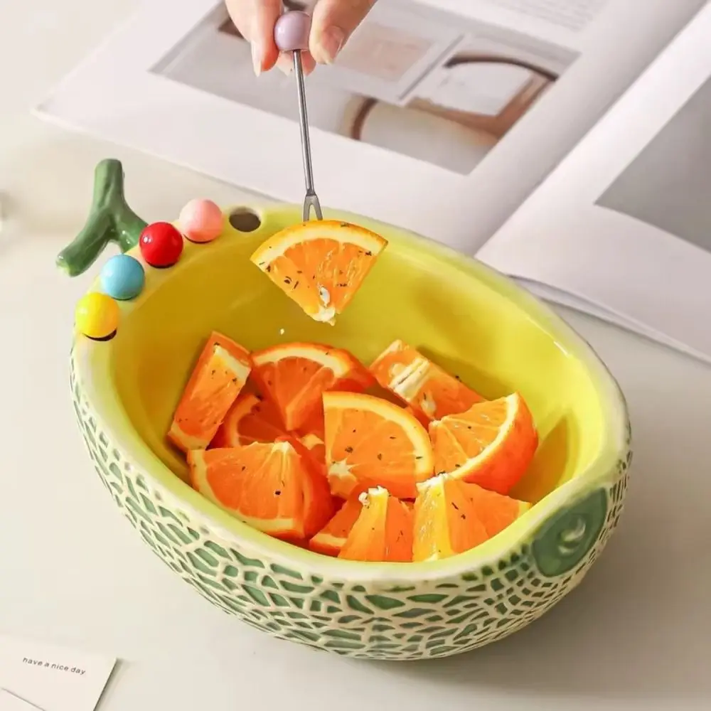 Ceramics Fruit Bowl with Fork Large Capacity Hami Melon Shape Fruit Serving Plate Comfortable Grip Reusable