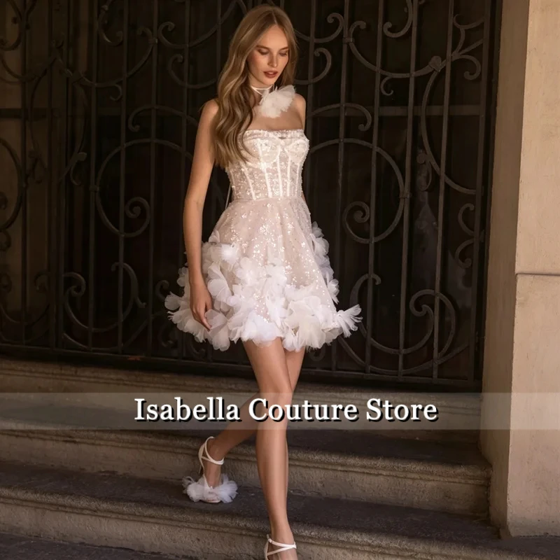 Customized Modern Strapless Neckline With 3D Flowers Mini Wedding Dess Exquisite Lace-up Back Gown For Bride 2026