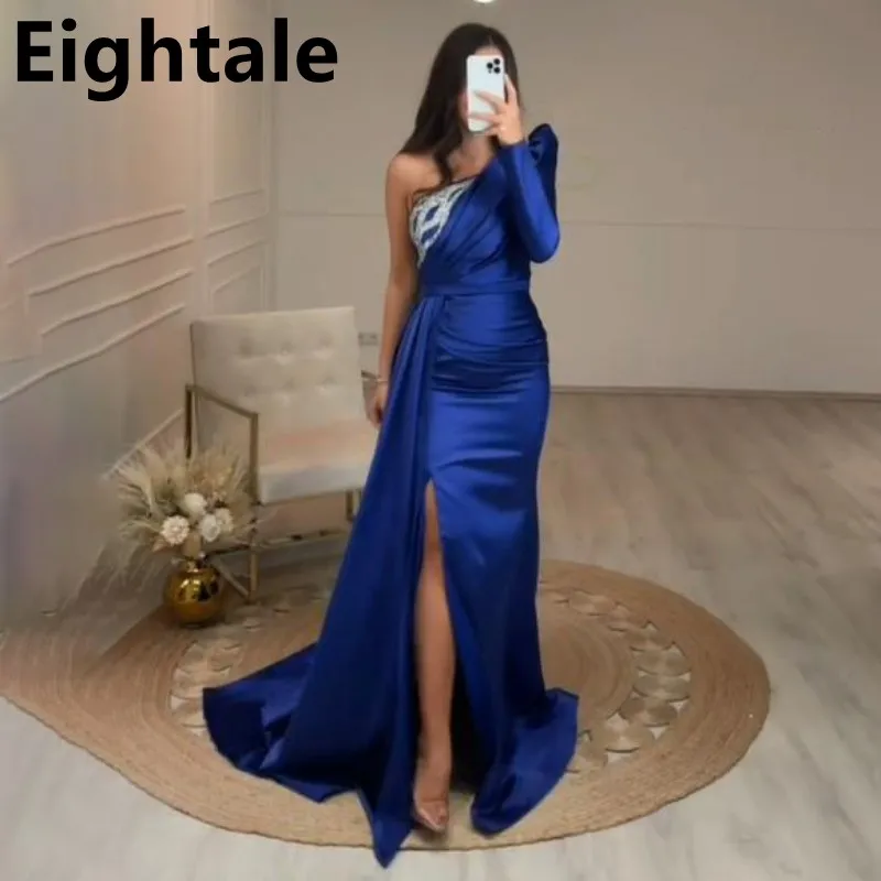 Royal Blue One Shoulder Beaded Long Sleeve Mermaid Evening Dress Long Luxury 2022 Sexy Side Slit Prom Dress Formal Party Gown