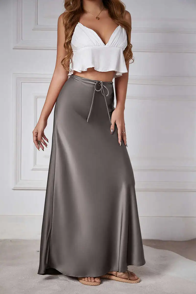 New In 2026 Women's Spring Summer Solid Color Satin Long Skirt High Waist Lace-up Trendy Elegant Faldas Female Beach Maxi Skirts