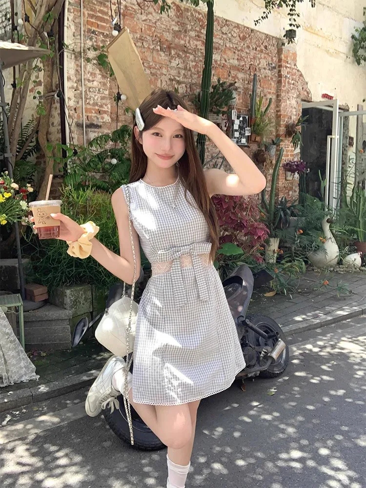  vestido a cuadros de estilo coreano para mujer, verano 2025, nuevo vestido sin mangas sencillo y bonito con cintura ajus...