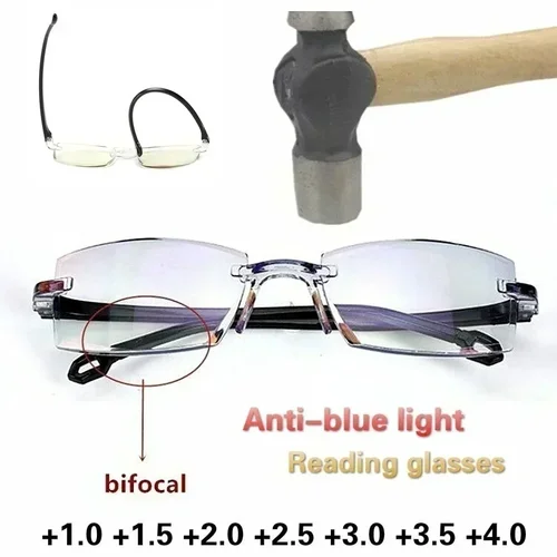 Gafas de lectura sin montura para hombre y mujer, anteojos bifocales con bloqueo de luz azul, para presbicia, Plano, 0 ~ +4,0