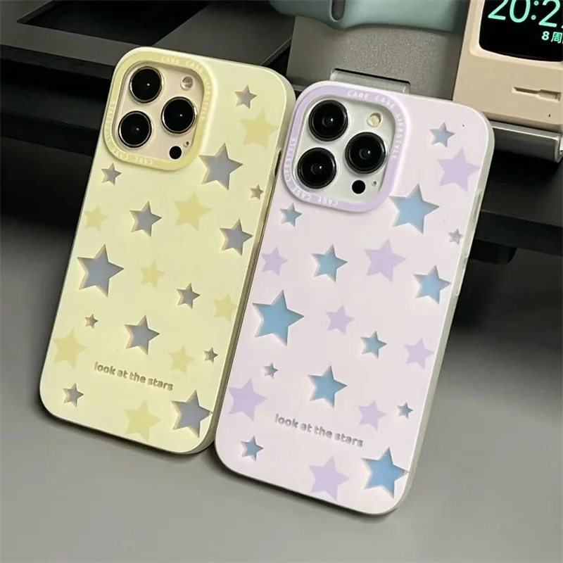 Yellow Laser Card Glittering Stars Phone Case For iPhone 14 13 12 11 Pro XS MAX XR 7 8 Plus Mini SE2020 Silicone Cover Cases