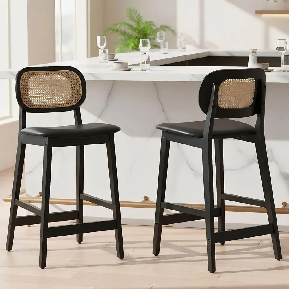 

Set of 2 Black Leatherette Bar Stools, Wooden Upholstered 26 Inch Counter Height Kitchen Island Chairs