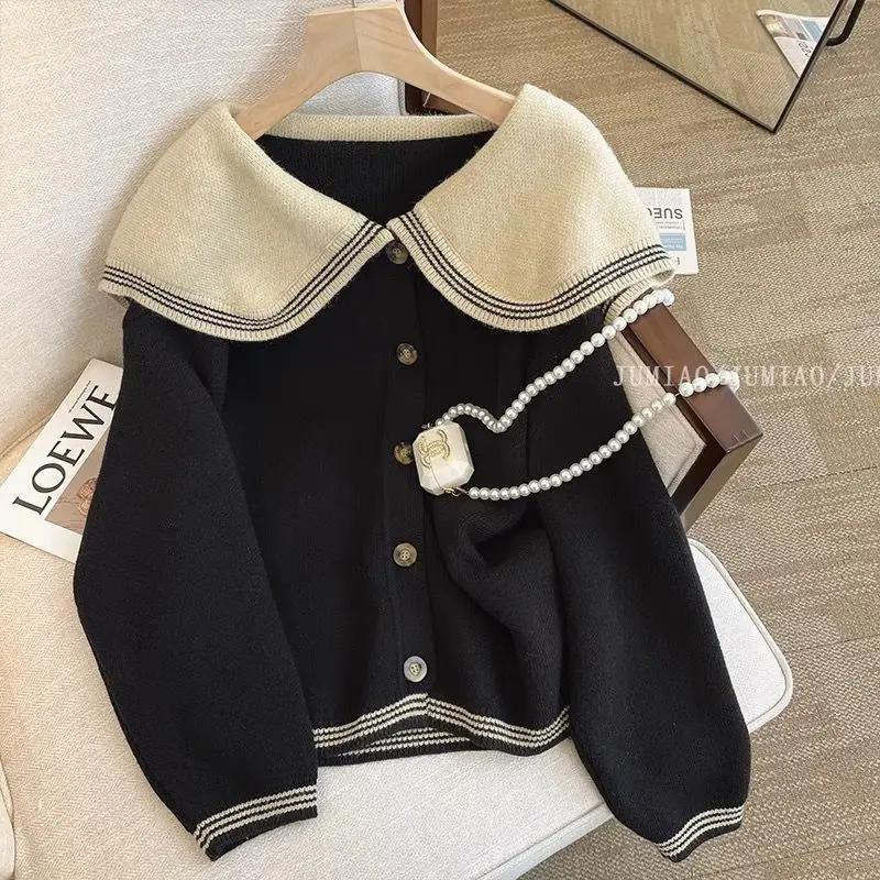 Kimotimo Contrast Color Sailor Collar Sweater Coat Women French Preppy Style Loose Long Sleeve Cardigan Retro Office Knitted Top