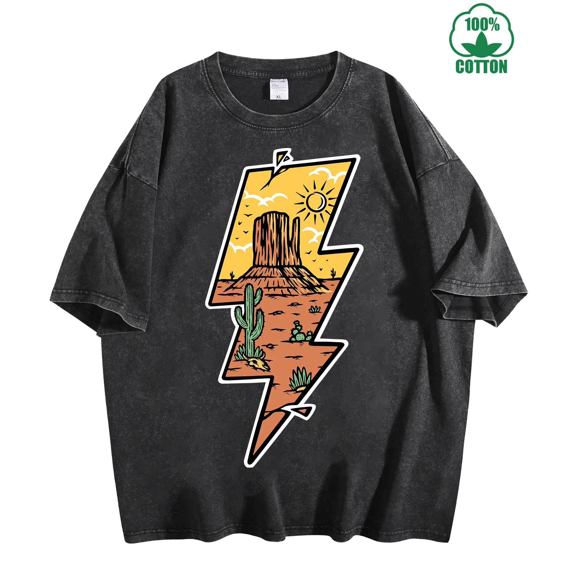 تي شيرت Desert Bolt Vintage مغسول 230 جرام 100% قطن مريح كبير الحجم ملابس الشارع للجنسين #1