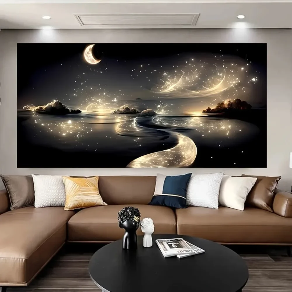 Large Frameless Canvas Wall Art,1pc frameless Canvas Painting Flat 2D Moon Dreamy River Abstract Canvas Prints Poster Modern Cla