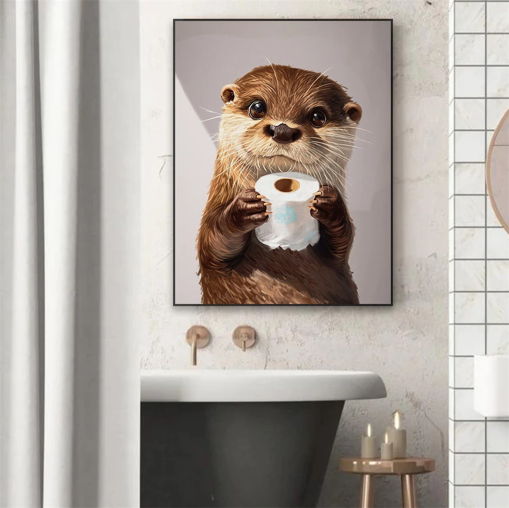 Bathroom Cute Animal Wall Art Poster Cute Otter Holding Toilet Paper Roll Oil Painting Prints Funny Canvas Painting Toilet Decor