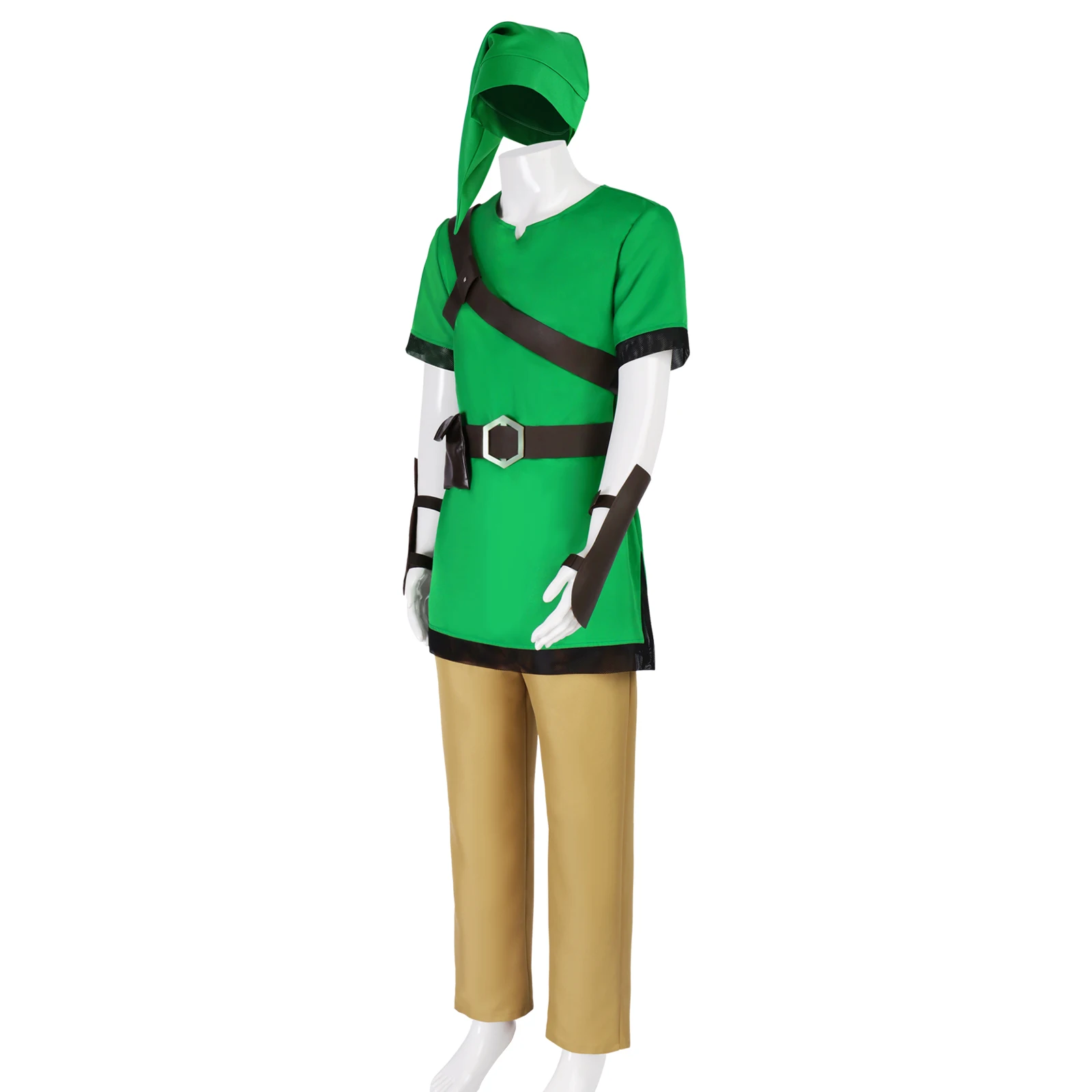 クラシックリンクコスプレ衣装セット ゼルダの伝説 グリーンチュニック ブラウンパンツ ベルト ハット ハロウィン アニメイベント パーティーコスプレ
