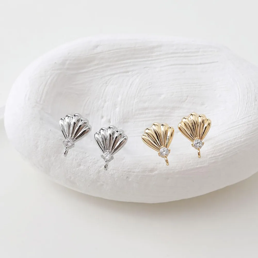 4PCS Ear Studs Shell Shape Zircon Earrings for Jewelry Findings Components DIY Hand Made Brass 14k Gold Plated 7*10mm