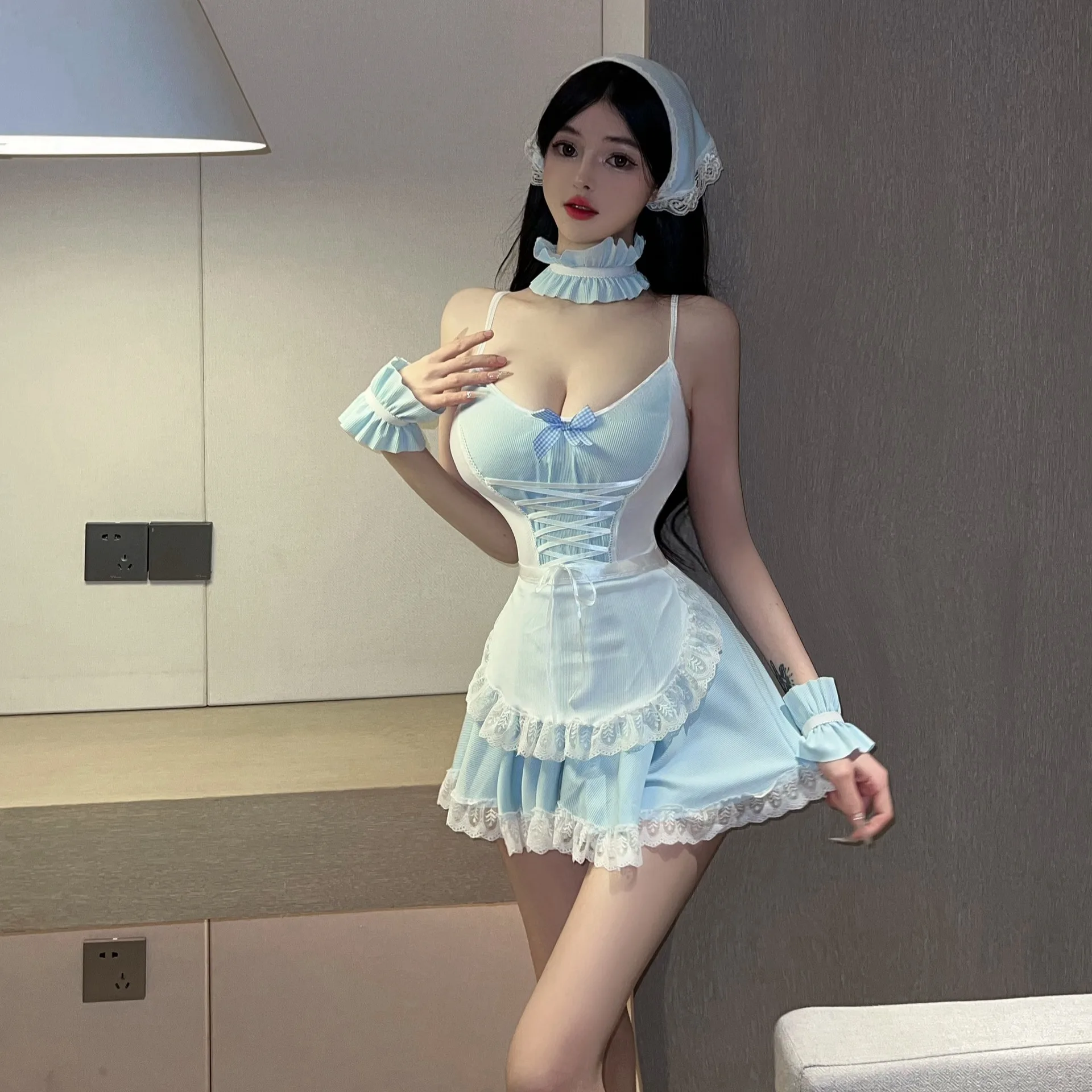

Sexy Maid Role Play Costume Erotic Suspender Dress Stockings Set Erotica Cosplay Uniform Temptation