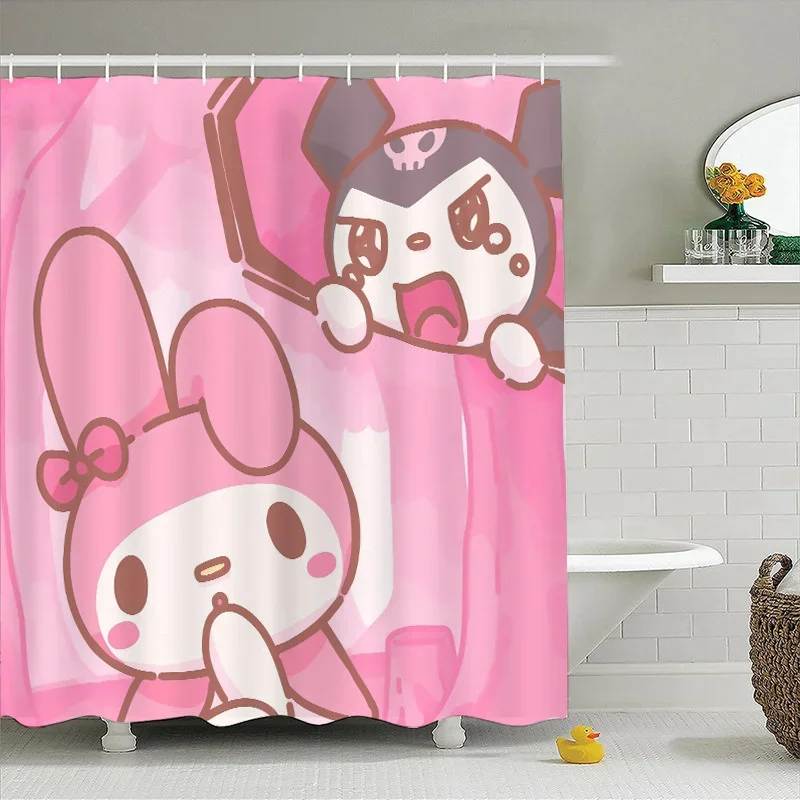 Kawaii Sanrio Shower Curtains Kuromi My Melody Anime Cartoon Bathroom Cute Waterproof Curtain with Hooks Girls Gifts